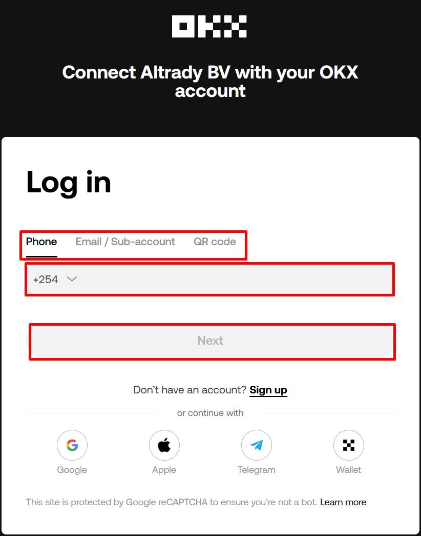 OKX login screen