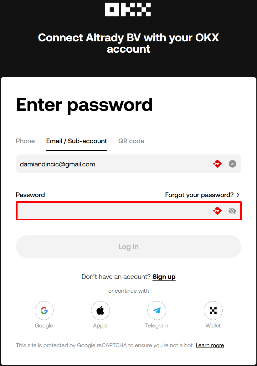 OKX password entry