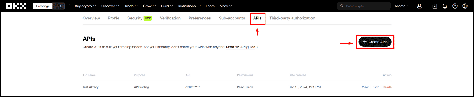 Create APIs button on OKX