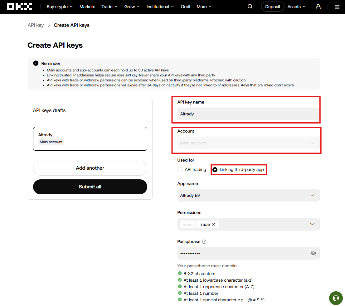 Naming the API key and choosing account