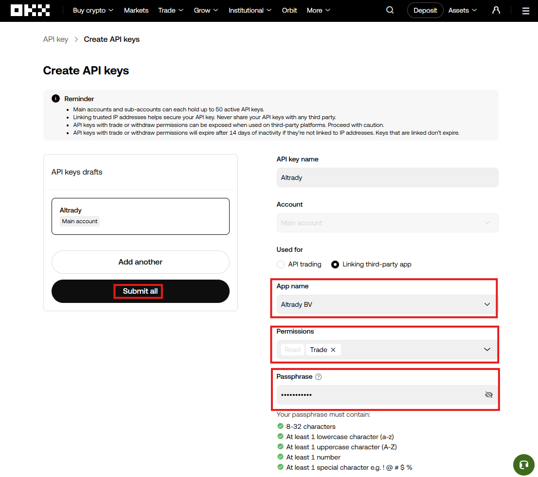 Selecting Altrady BV and Trade permission