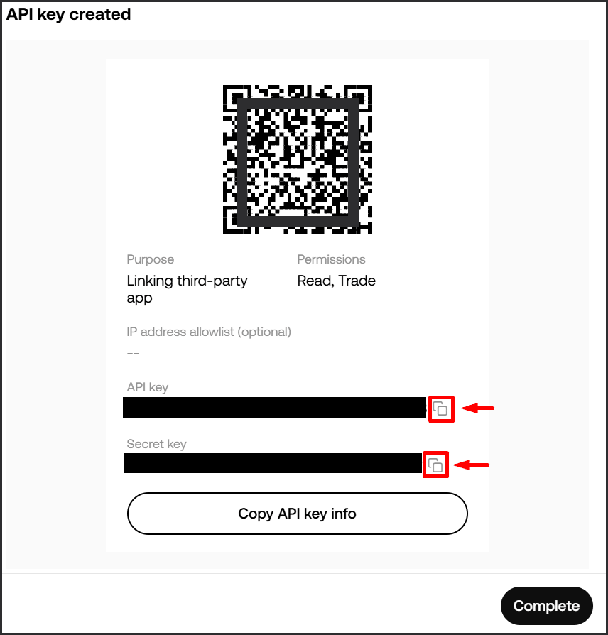 Copying the API key and Secret
