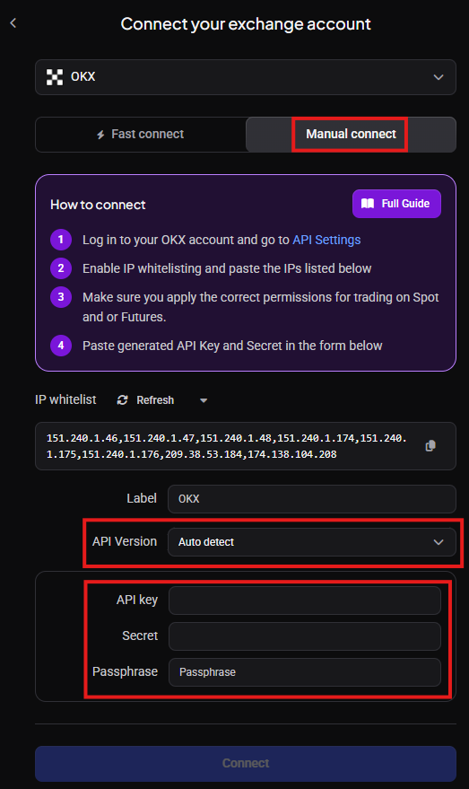 Manual connect form with API key fields
