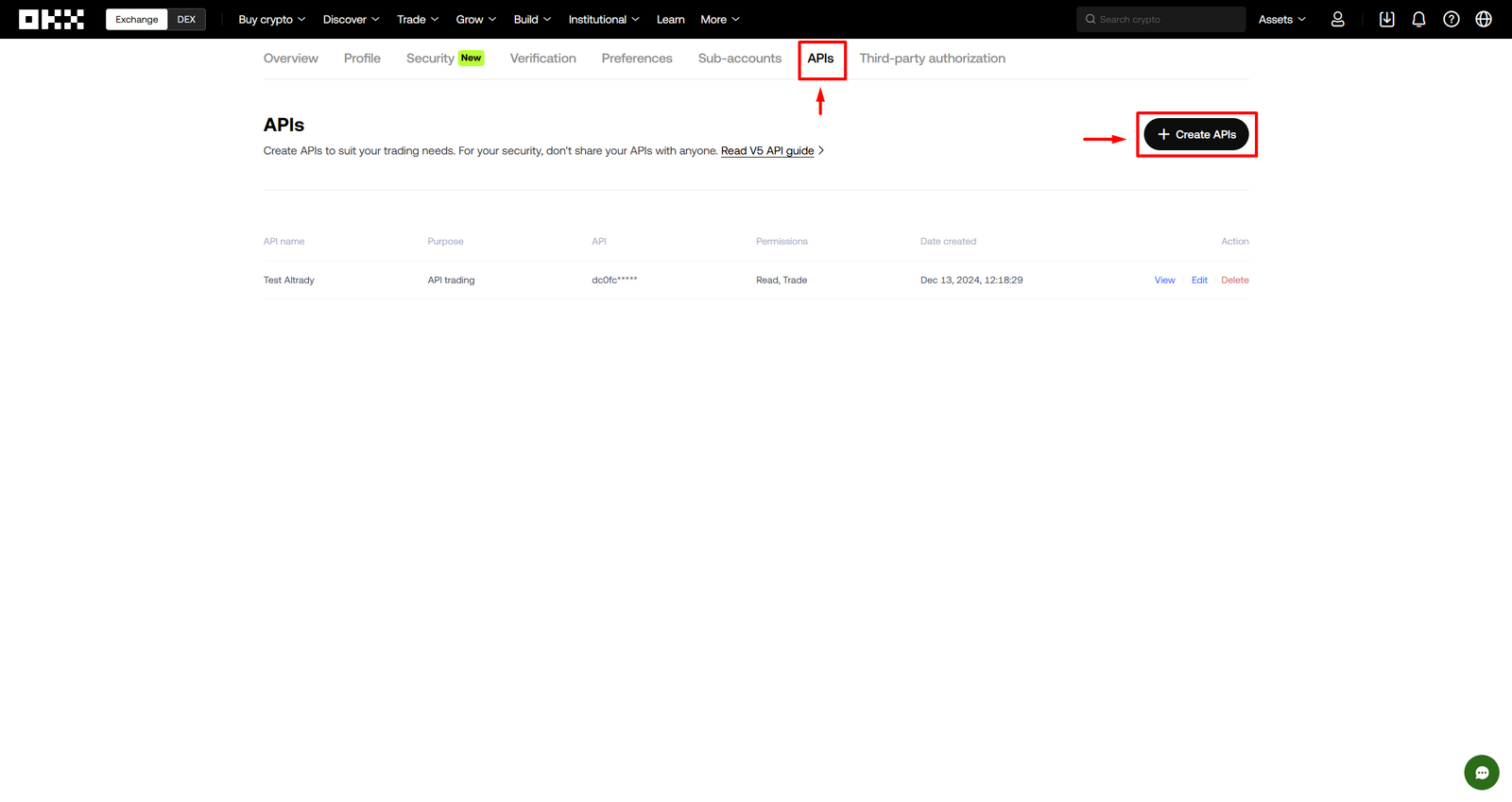 Create APIs button on OKX
