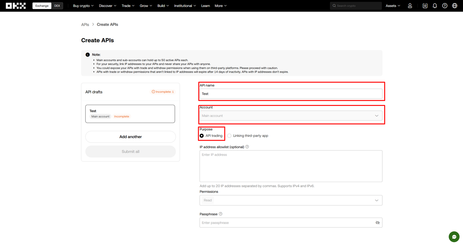 Setting purpose to API Trading