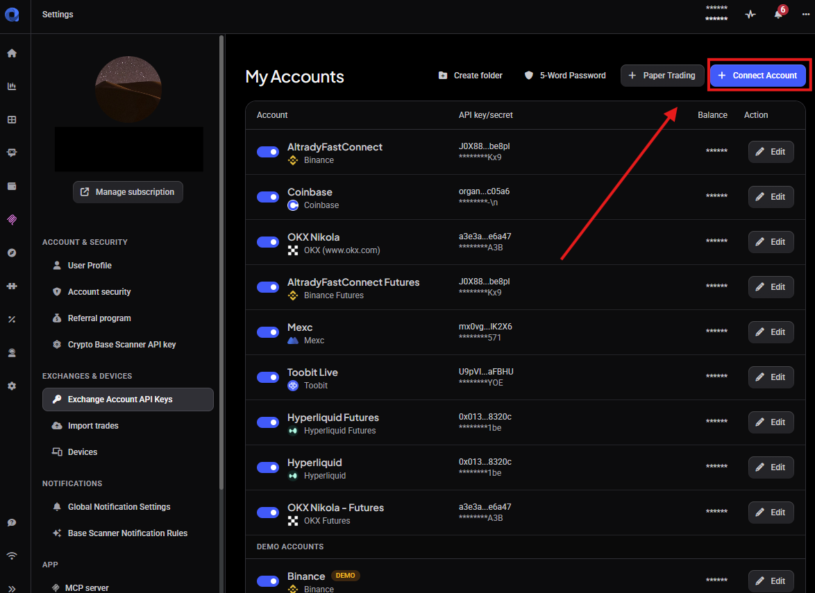 Connect Account button in Altrady