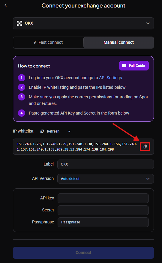 Copying the IP whitelist in Altrady
