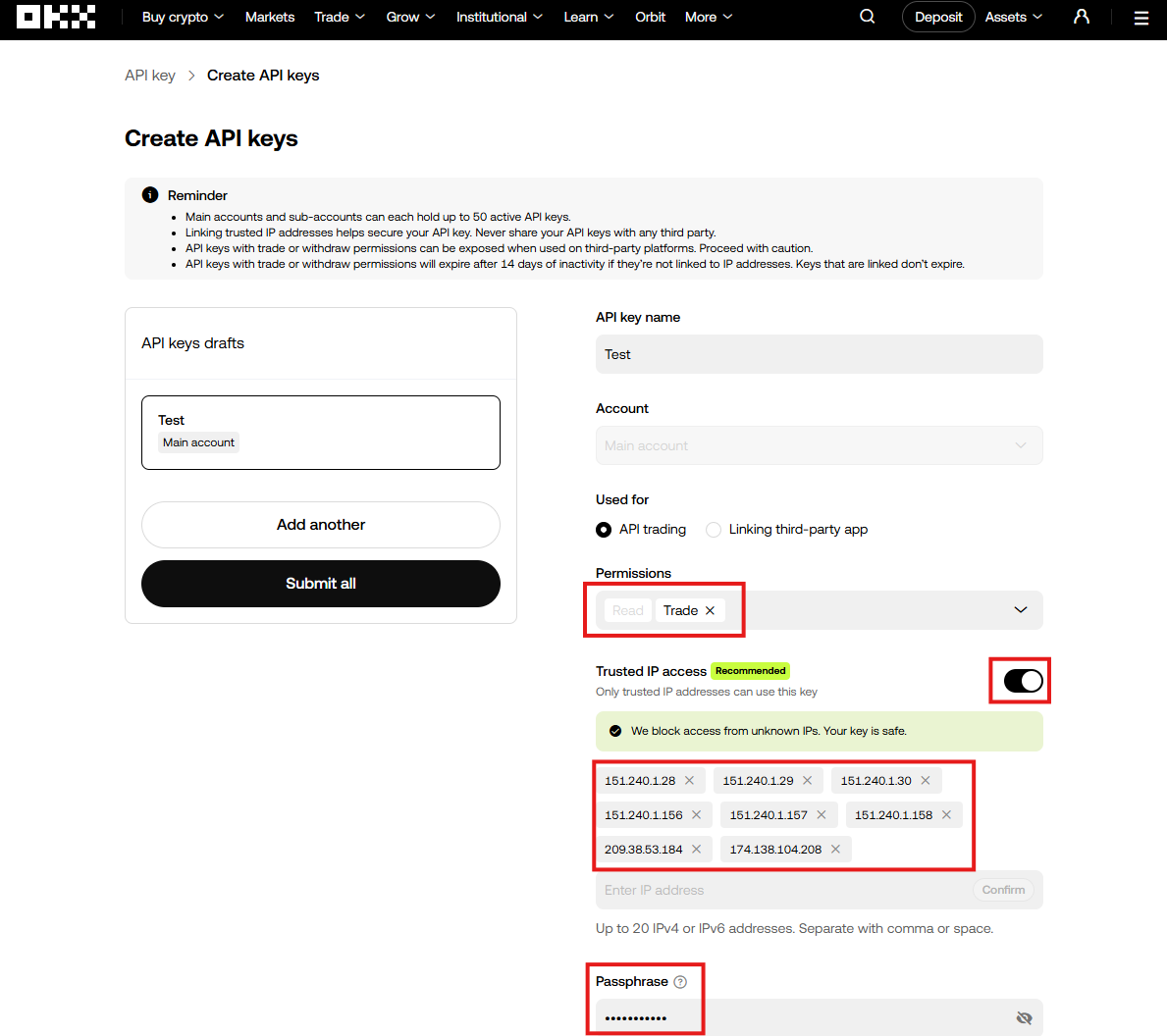 Pasting IP whitelist and setting Trade permission