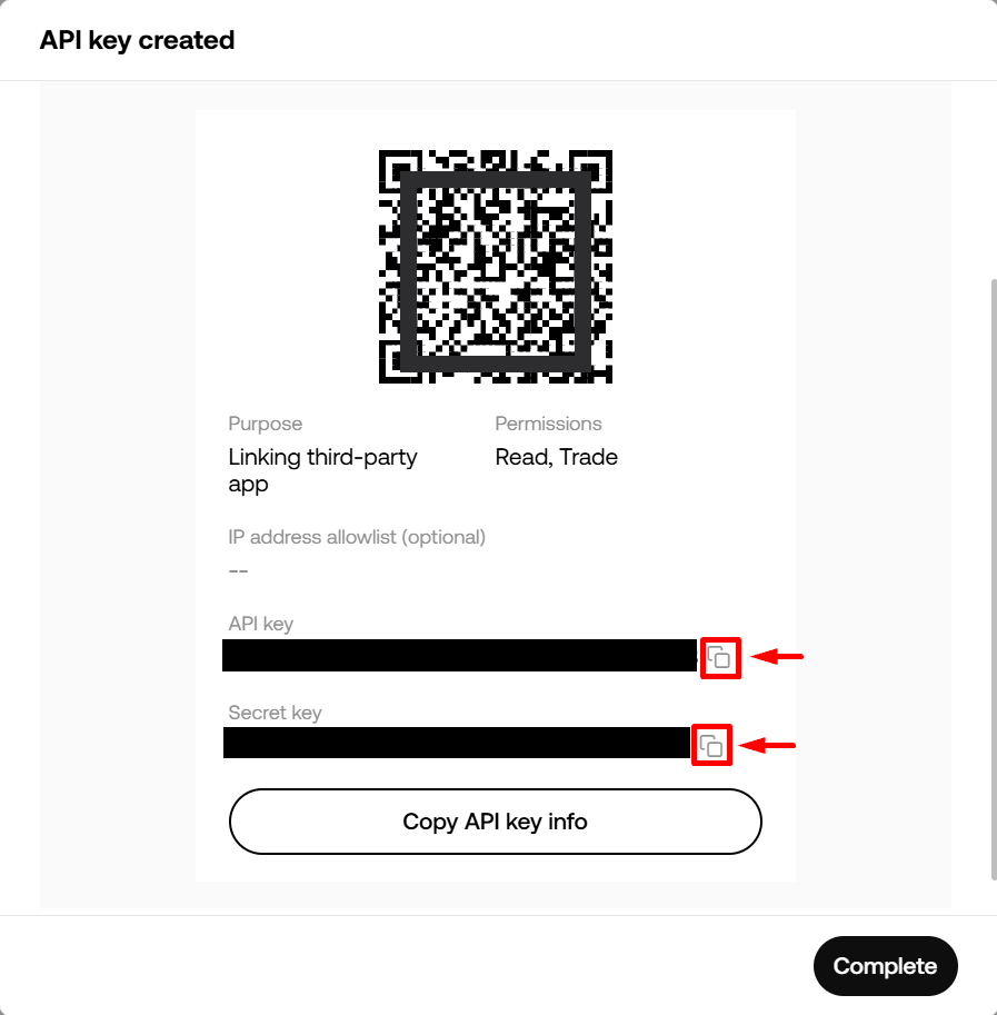 Copying API key and Secret on OKX