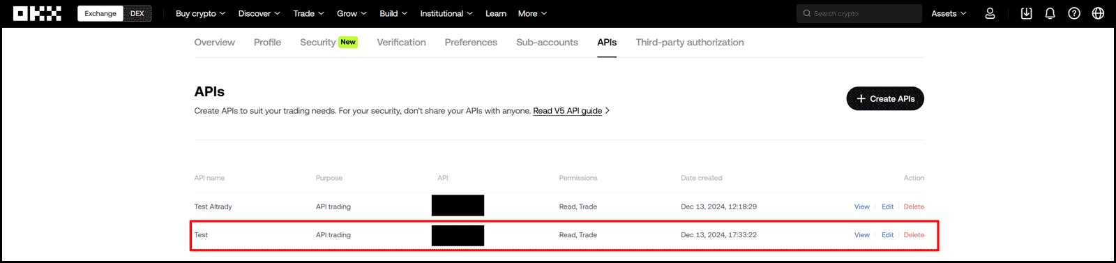 API key listed on OKX