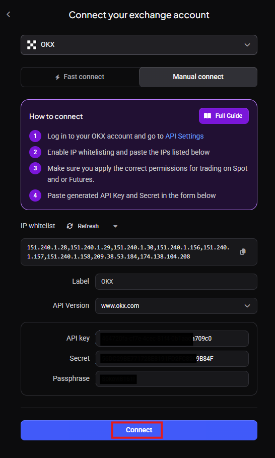 Connect button in Altrady