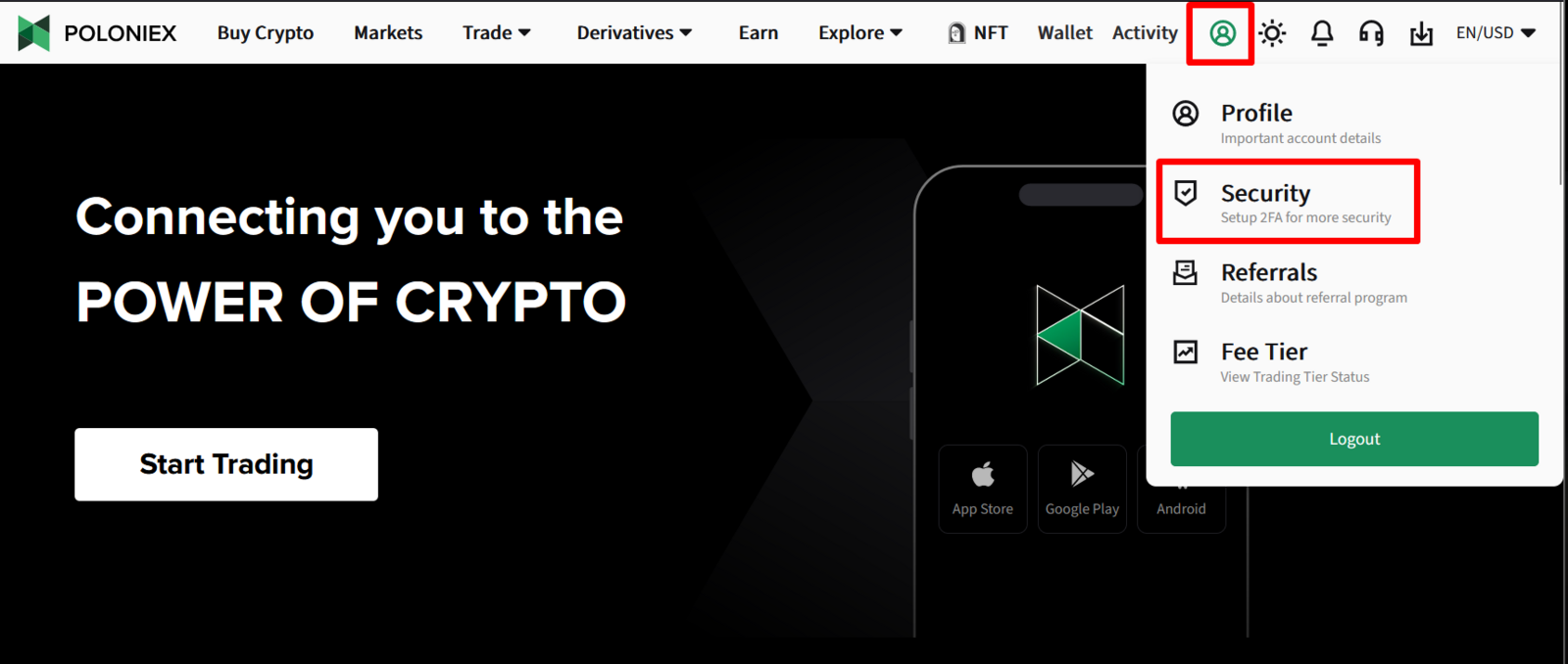 Poloniex settings and security menu