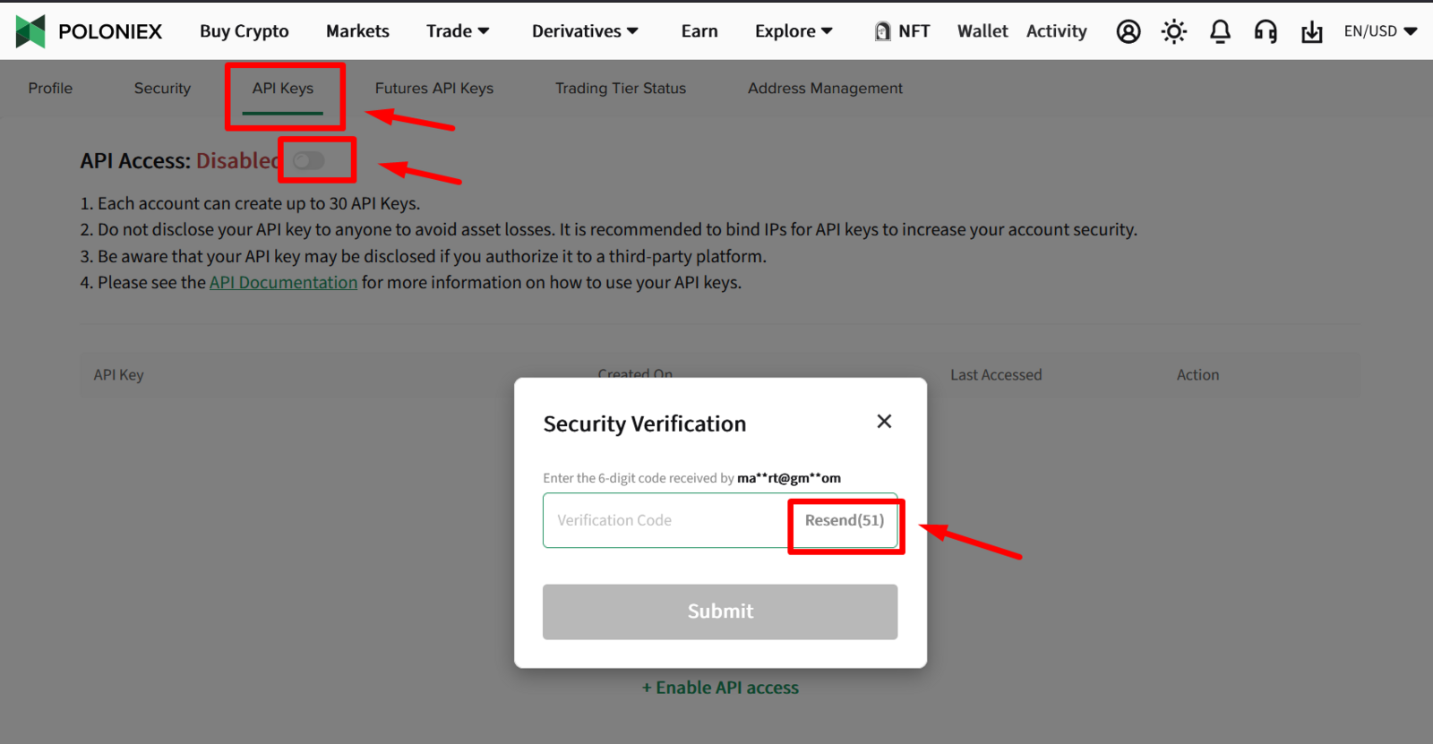 Enabling API access on Poloniex