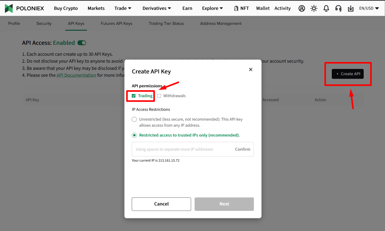 Creating an API key with Trading permission on Poloniex