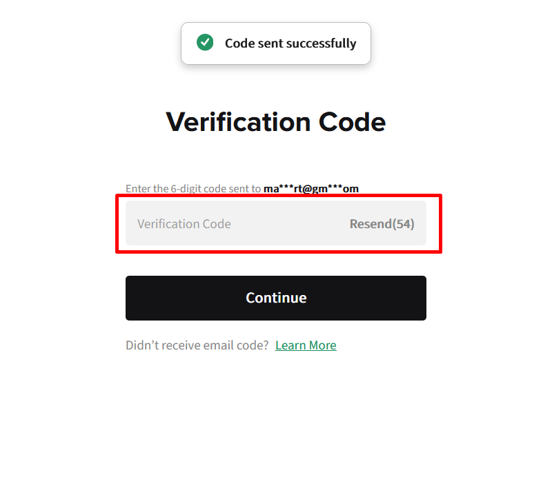 Entering the email verification code
