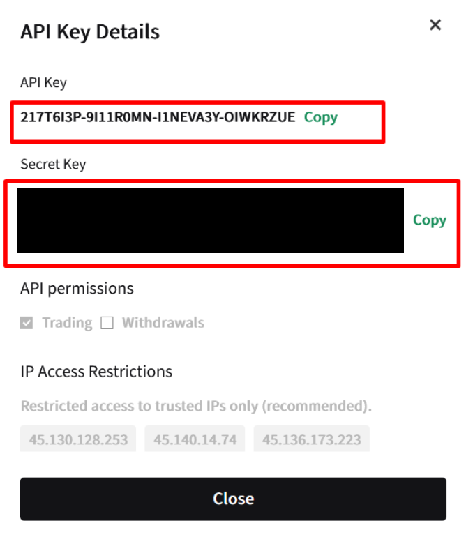 API key and secret key generated on Poloniex