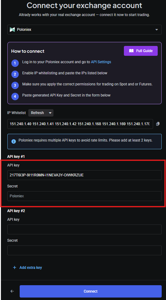 Pasting the API and secret key into Altrady