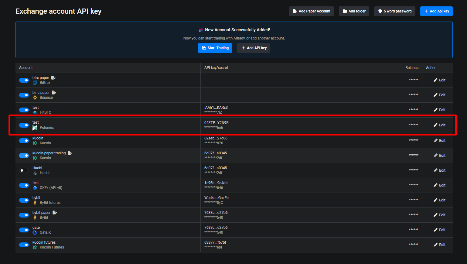 Editing a connected Poloniex account in Altrady