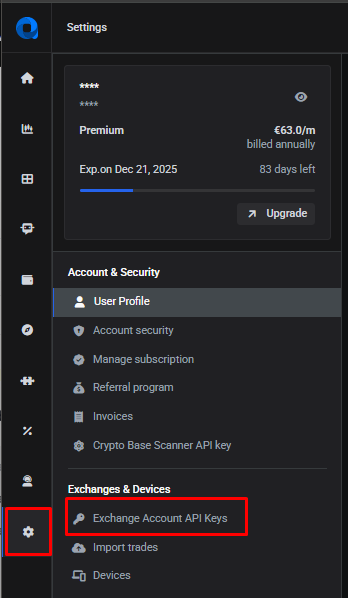 Settings > Exchange Account API keys