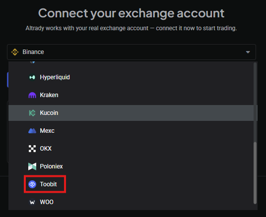 Select Toobit from the dropdown