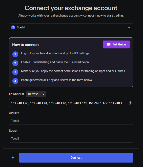 Trading account ready for the API key and secret