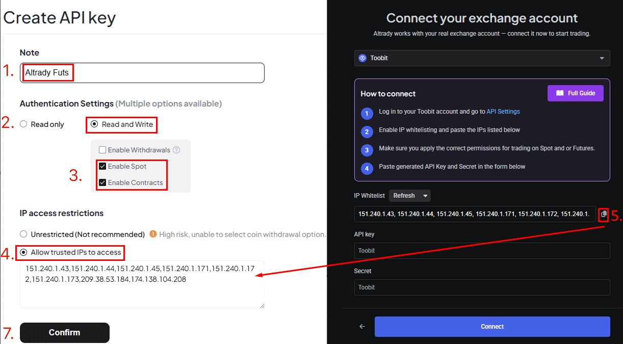 Complete the API key permissions as shown