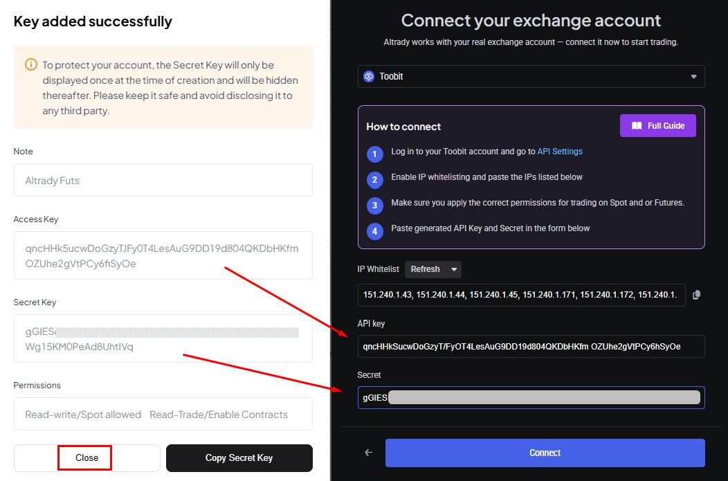 Copy the API key and secret into Altrady and click Save