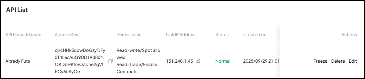 Your new API key appears in the list