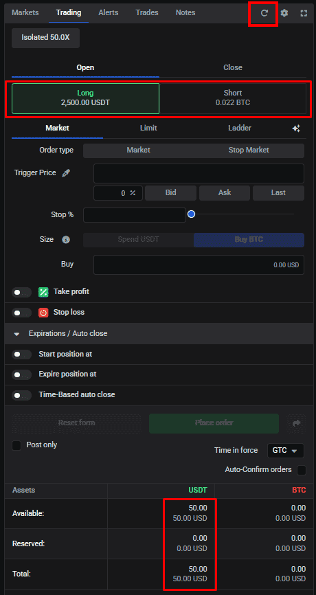 Trading widget showing available balance