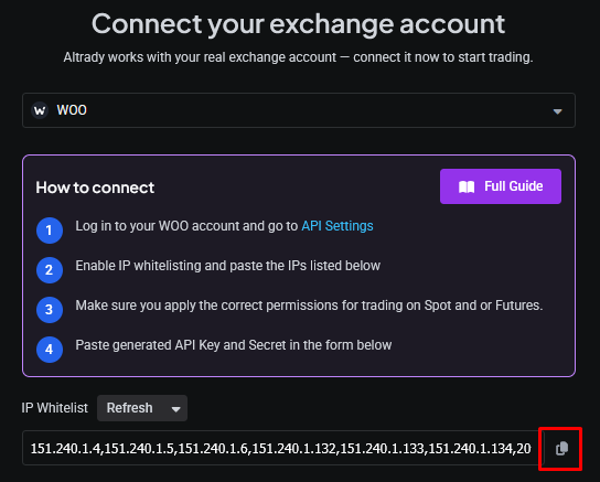 Copy Altrady’s IP whitelist