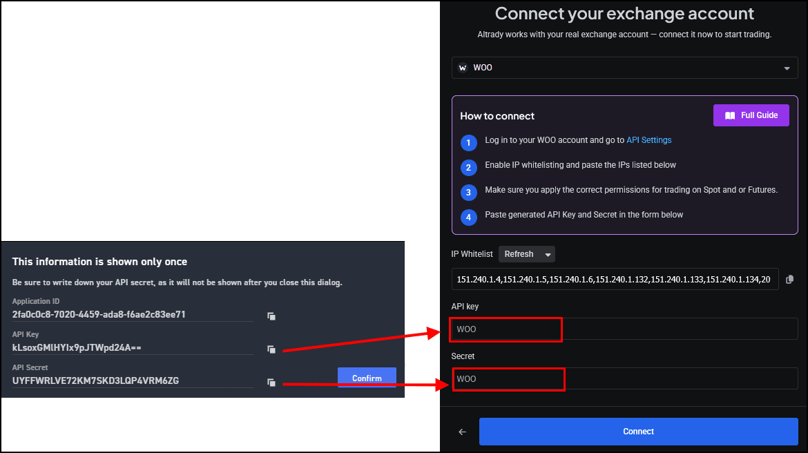 Paste the API key and secret into Altrady
