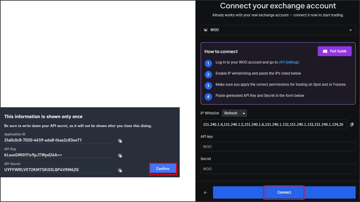 Confirm on WOO X, then click Connect in Altrady