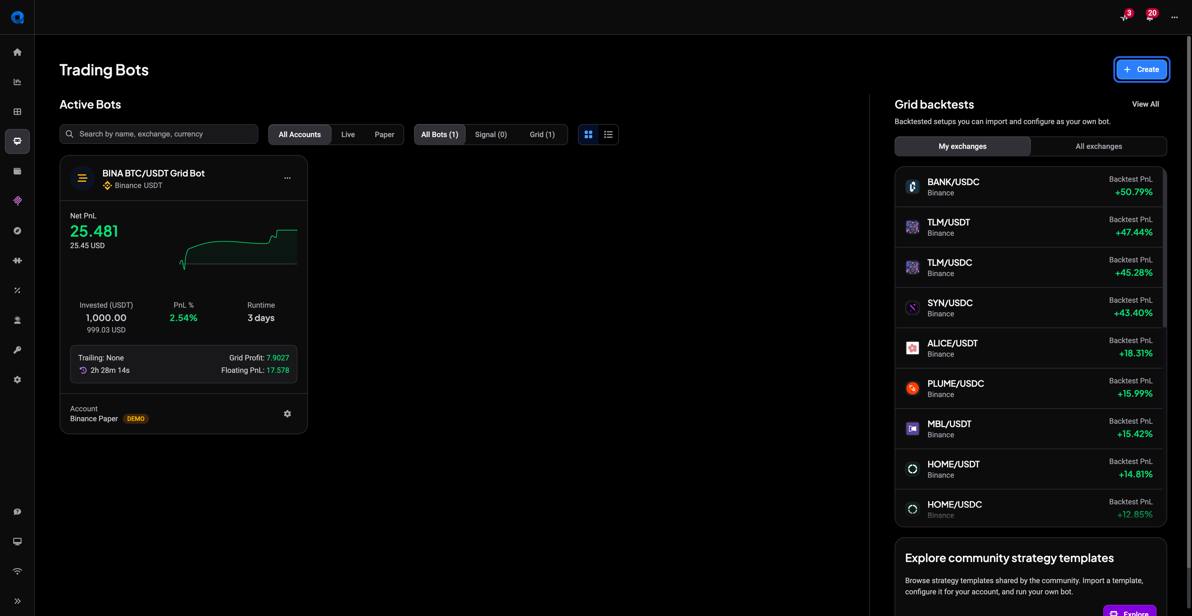 Trading Bots page showing the active grid bot card with its account and runtime details