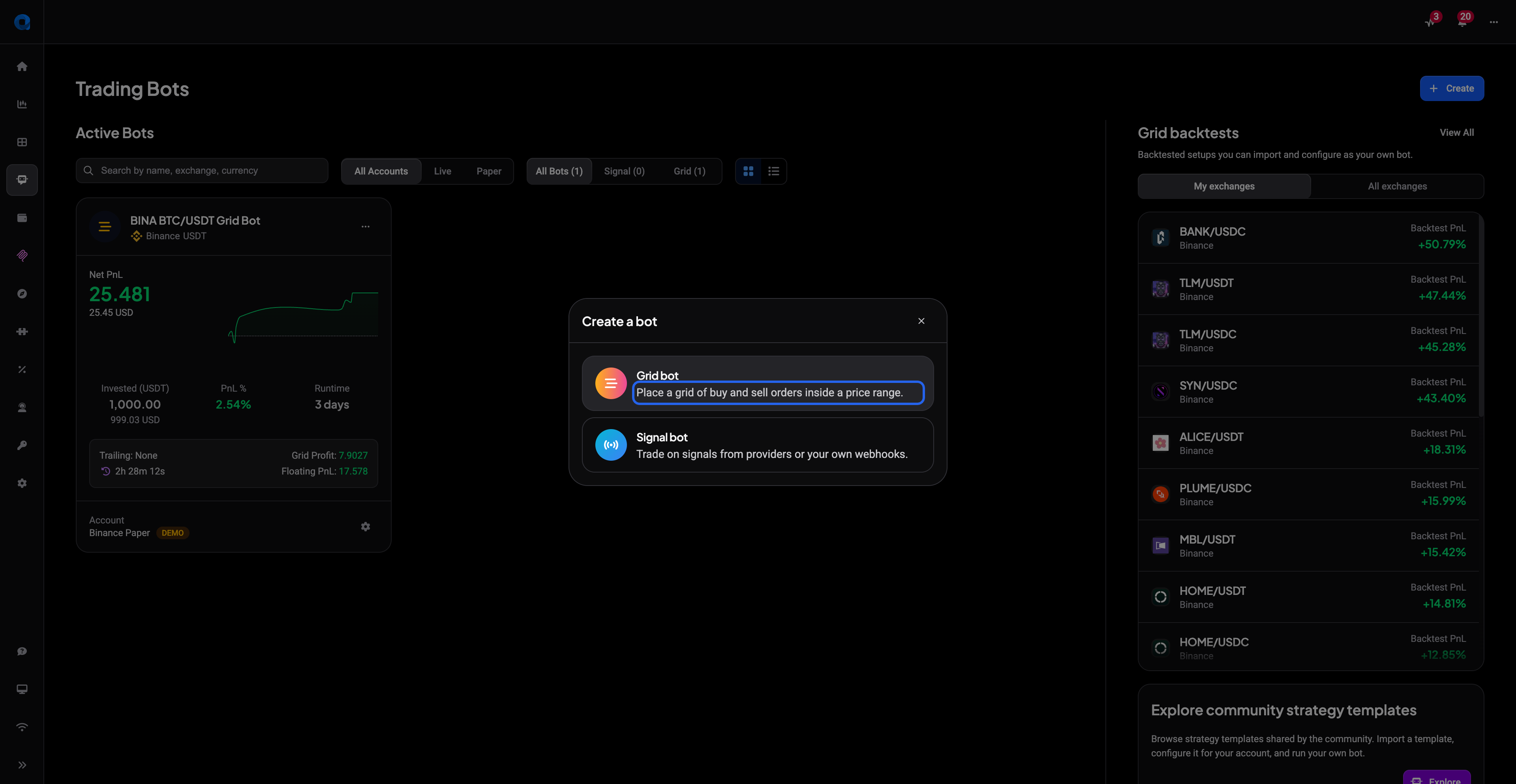 Create a bot modal with the Grid bot option highlighted