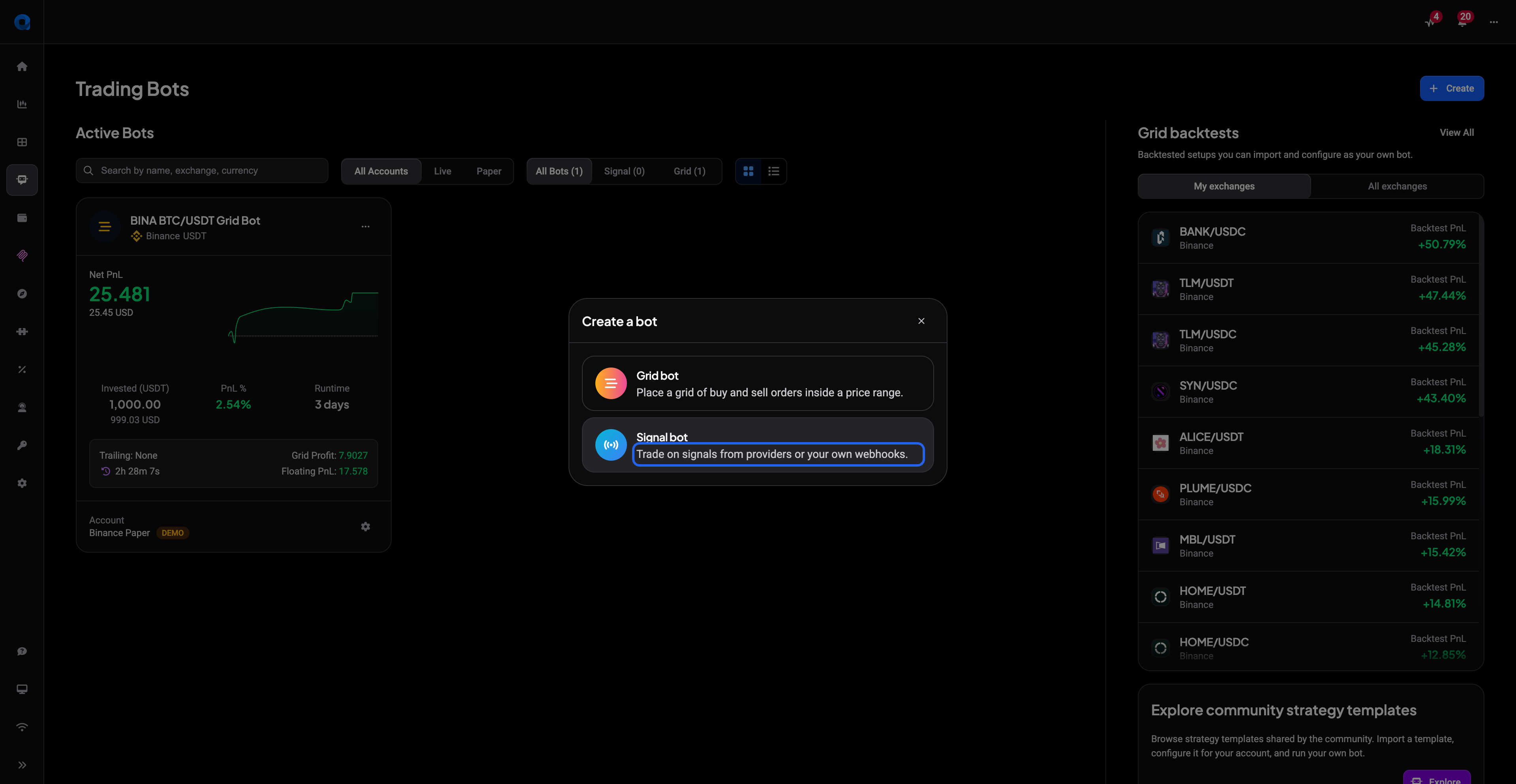 Create a bot modal with the Signal bot option highlighted