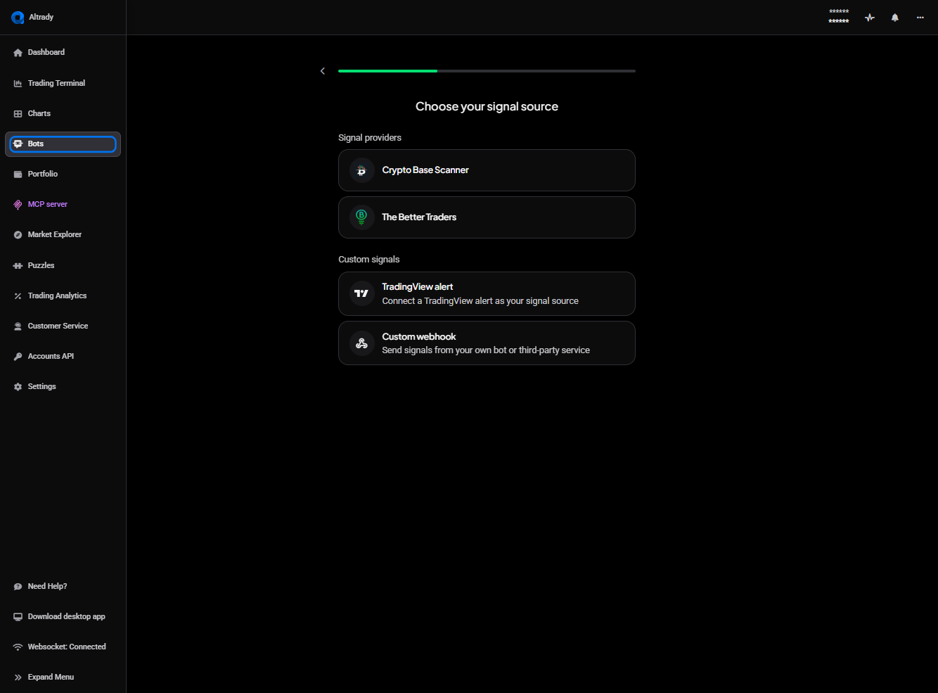 Signal bot wizard step one, Choose your signal source, showing Crypto Base Scanner and The Better Traders under Signal providers, and TradingView alert and Custom webhook under Custom signals