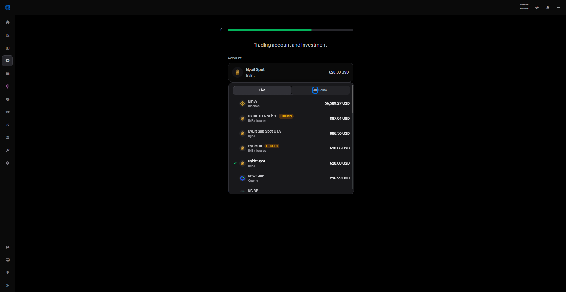 Signal bot wizard step two, Trading account and investment, with the account picker open showing the Live and Demo tabs and a list of connected accounts with their exchanges and balances