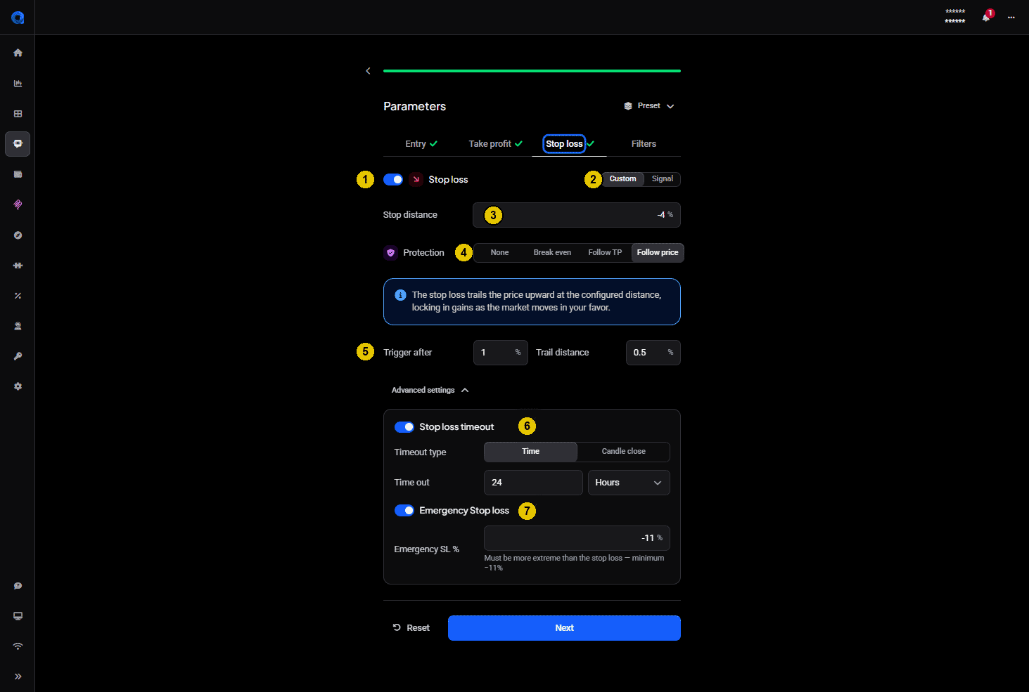 Signal bot Parameters Stop loss tab with numbered callouts on the stop loss toggle, stop distance, the protection modes with Follow price selected, trigger after and trail distance, stop loss timeout with its timeout type, and emergency stop loss