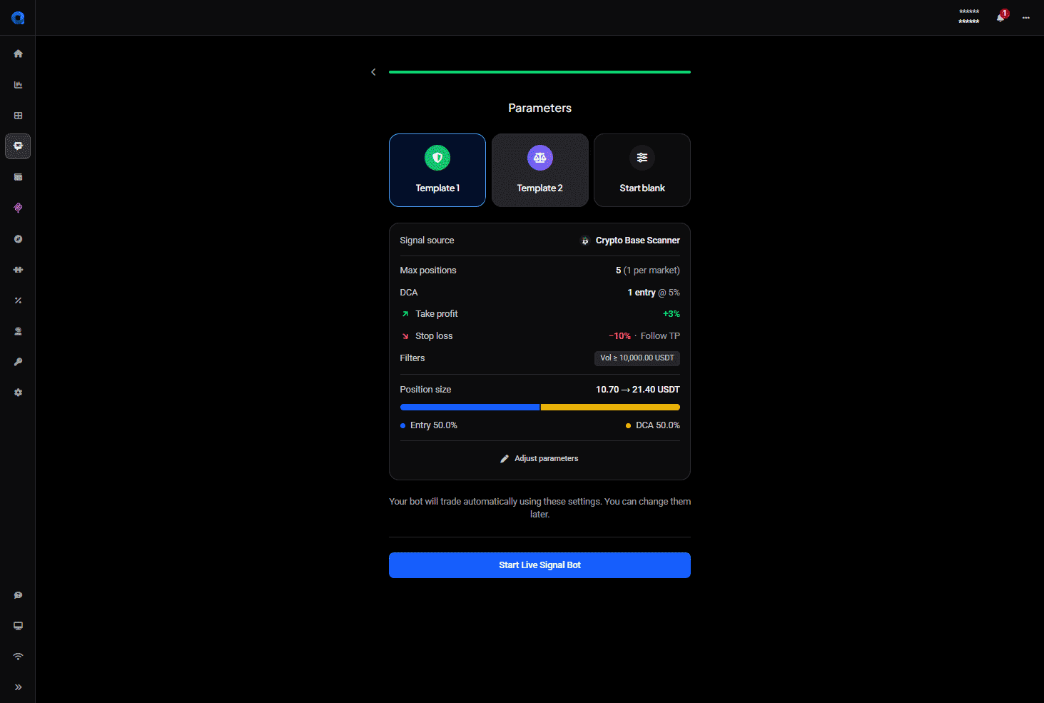 Signal bot wizard Parameters step with Template 1 selected, showing the three template cards and a summary card listing signal source, max positions, DCA, take profit, stop loss, filters and position size with an entry and DCA split bar
