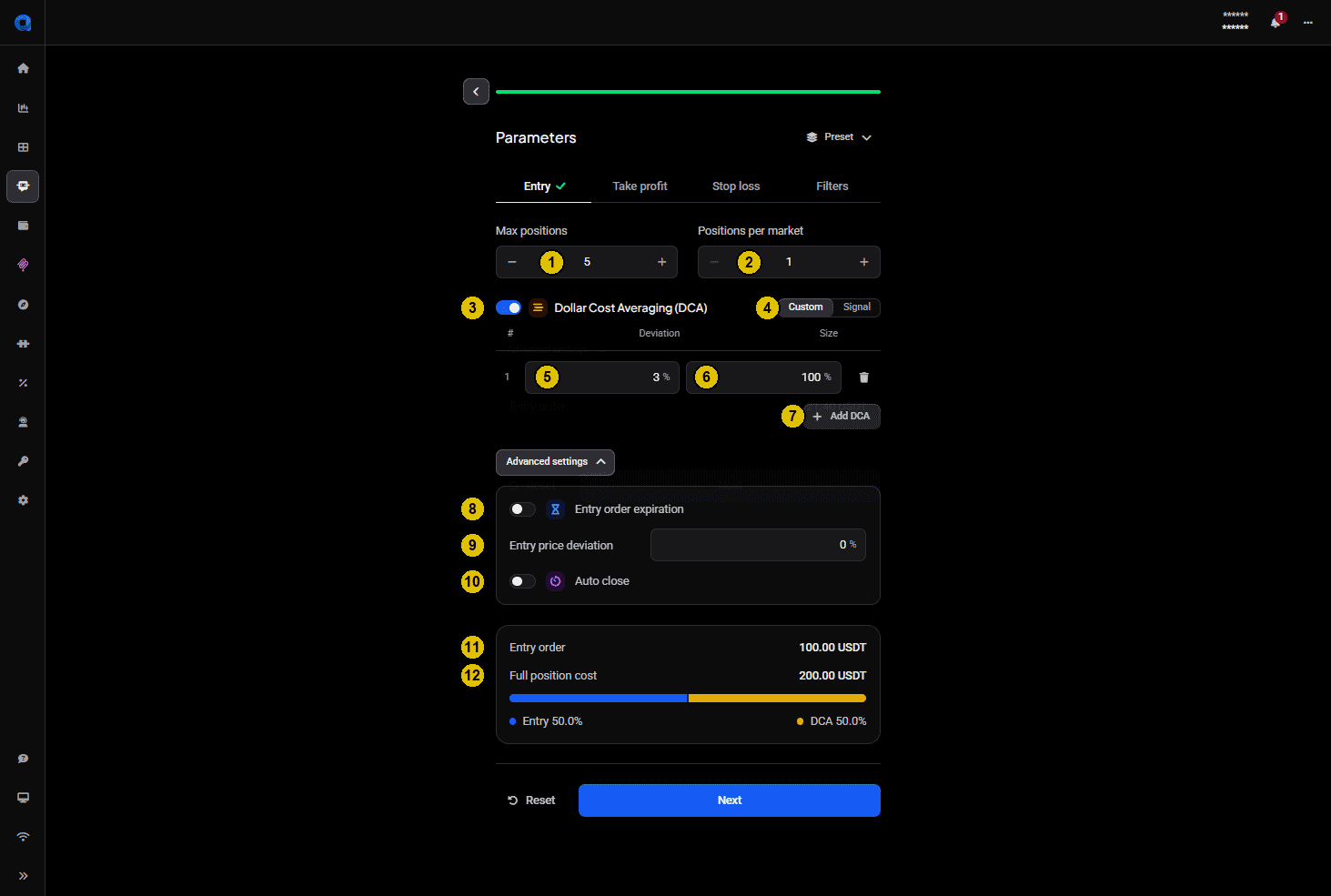 Signal bot Parameters Entry tab with numbered callouts on max positions, positions per market, the DCA table with deviation and size, advanced settings, and the entry order and full position cost summary with its entry and DCA split bar