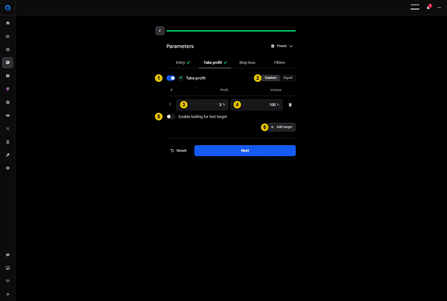 Signal bot Parameters Take profit tab with numbered callouts on the take profit toggle, the Custom and Signal choice, the profit and volume columns, enable trailing for last target, and add target