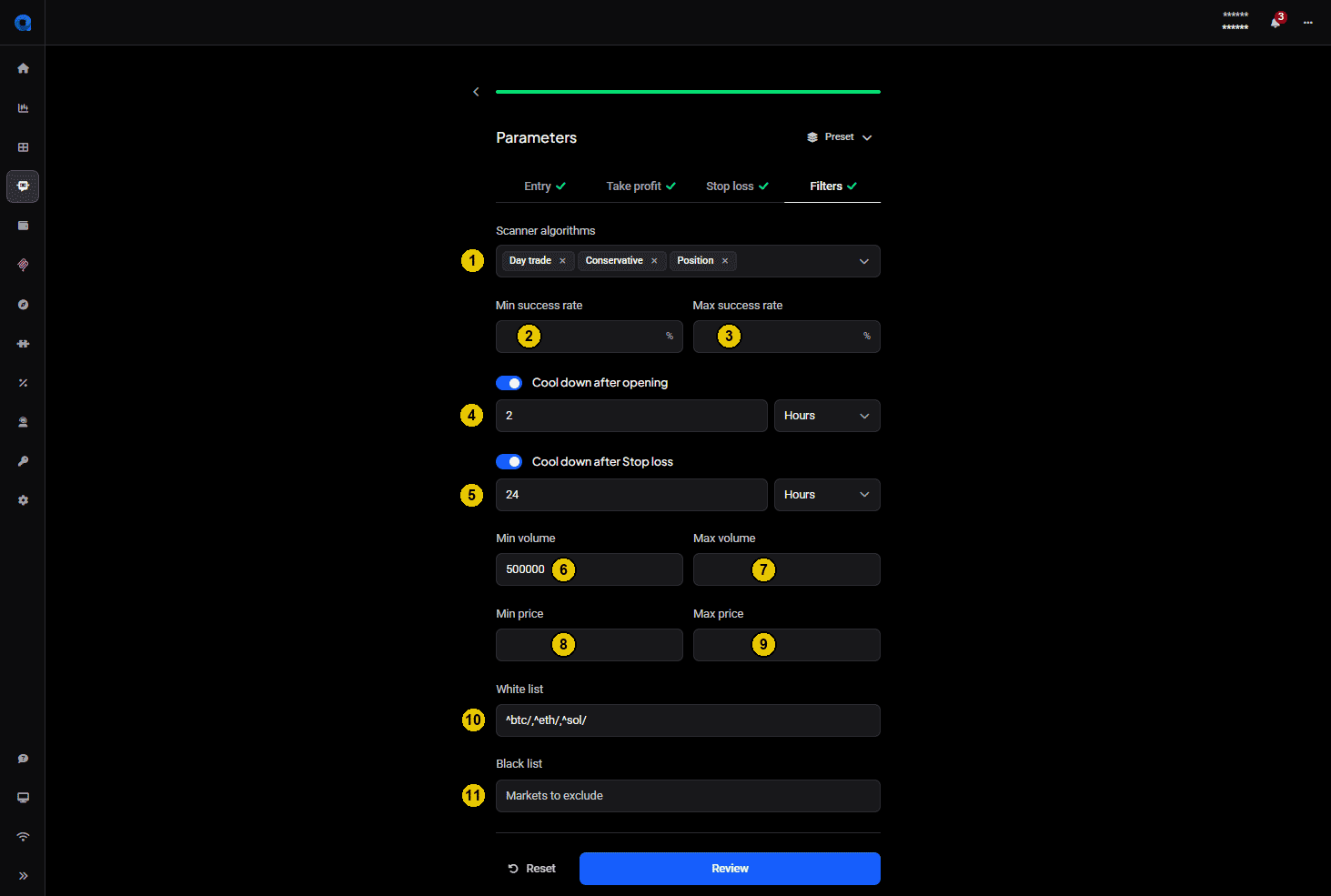 Signal bot Parameters Filters tab with numbered callouts on scanner algorithms, min and max success rate, the two cool down settings with their value and unit fields, min and max volume, min and max price, and the white list and black list fields