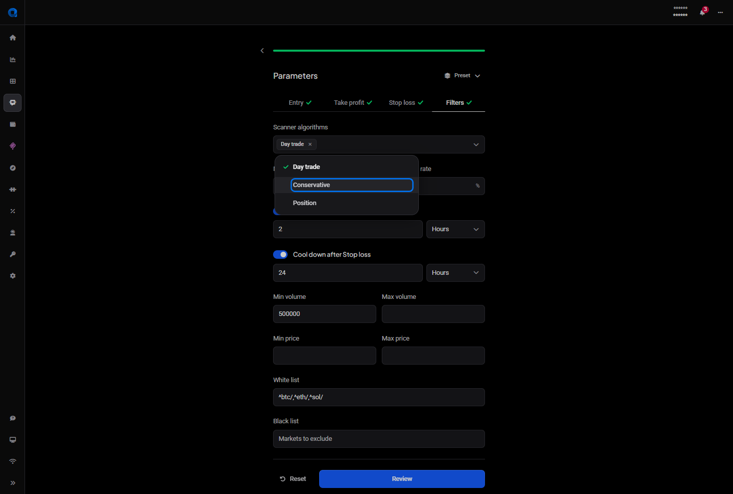 Scanner algorithms dropdown open on the signal bot Filters tab, showing Day trade already selected with Conservative and Position also available