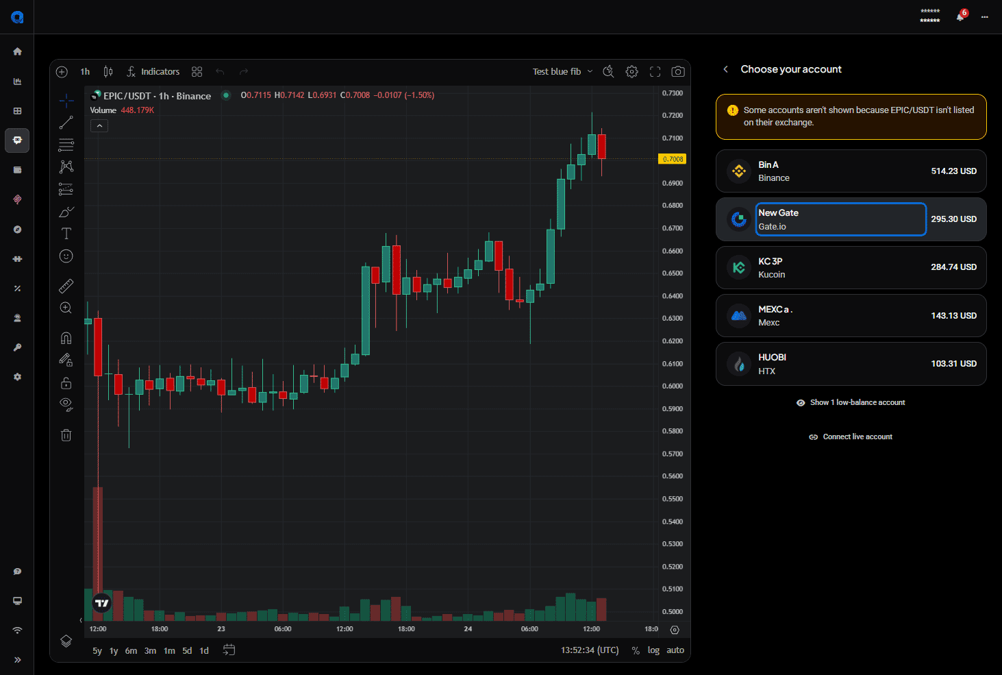 Choose your account step of a grid bot conversion, listing live accounts with their exchanges and balances, above a notice explaining that some accounts are hidden because the pair is not listed on their exchange