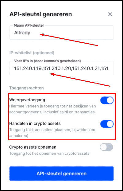 Setting API key permissions and pasting the IP whitelist on Bitvavo