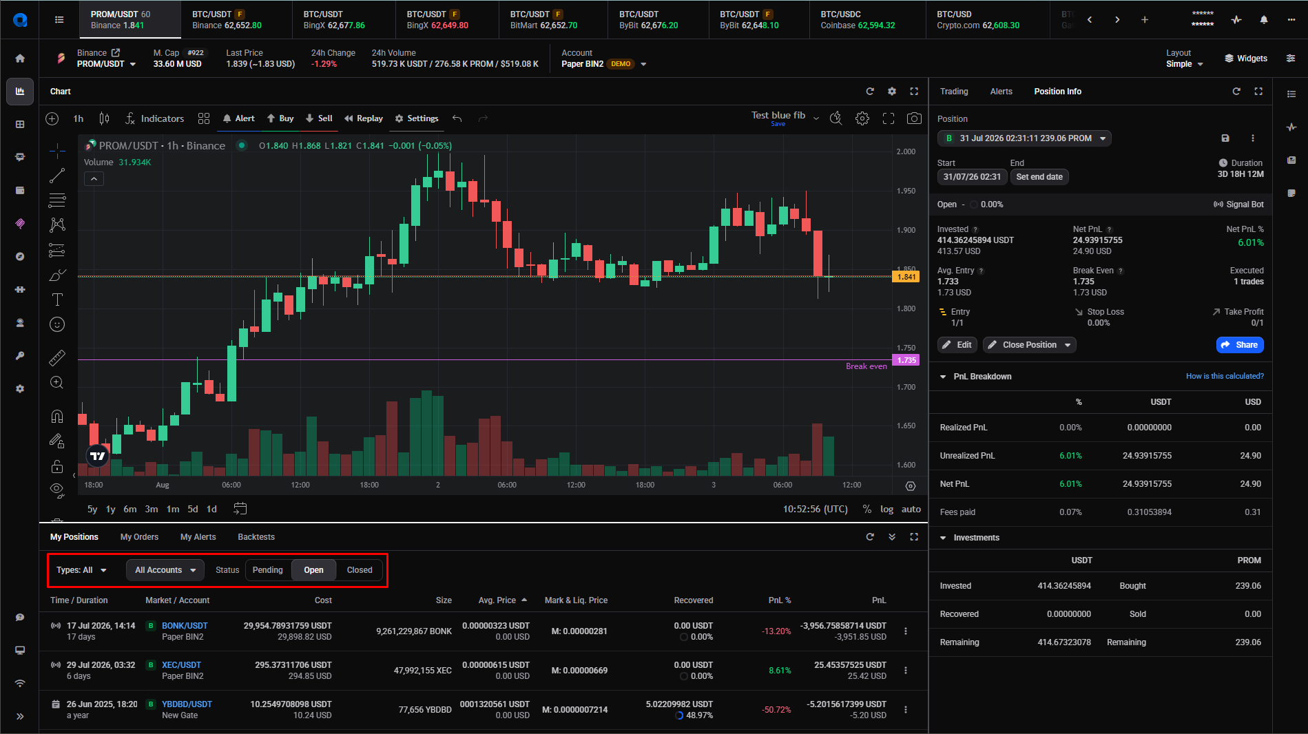 The My Positions tab in the bottom drawer, with the status filter set to Open, listing open positions across markets.