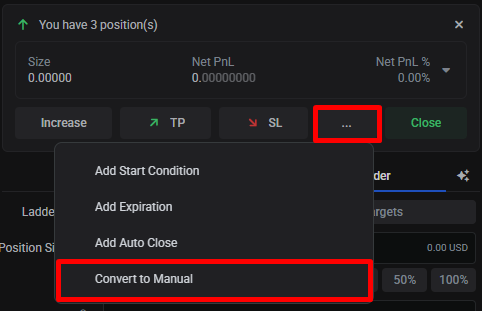 The position controls 3-dot menu open on a smart position, showing Add Start Condition, Add Expiration, Add Auto Close, and Convert to Manual