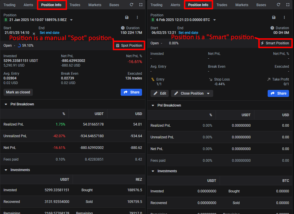 Two Position Info widgets side by side: on the left a manual position labelled “Spot Position” with a Mark as closed button, on the right a smart position labelled “Smart Position” with Edit and Close Position buttons