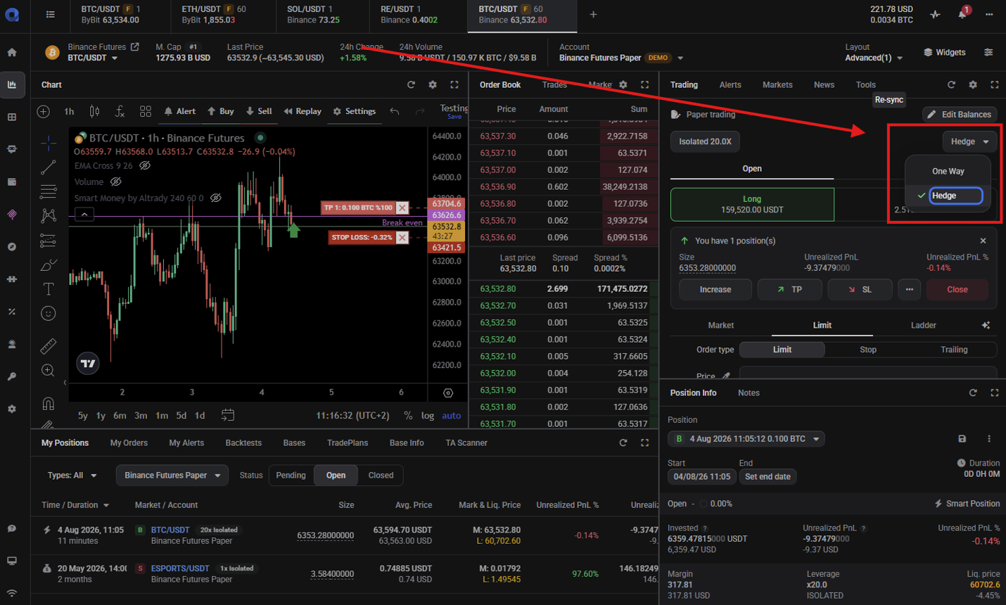 Futures trading controls on the order form showing the Margin Settings button next to the One Way / Hedge mode dropdown button, with the dropdown open showing both options.