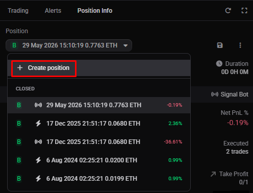 The Position Info widget with the Position dropdown open and the + Create position option highlighted